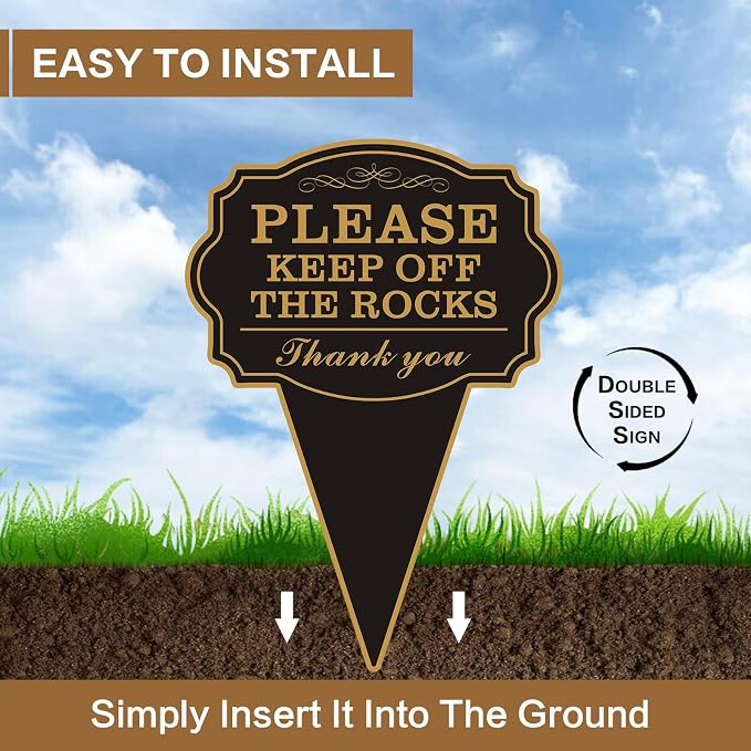 Double Sided Yard Sign, Please Stay Off with Stake, 10"x14" Keep Off the Rocks Message for Lawn or Garden, Rust-Free Metal, Weatherproof for Outdoor Use(KEEP OFF THE ROCKS-1PACK)