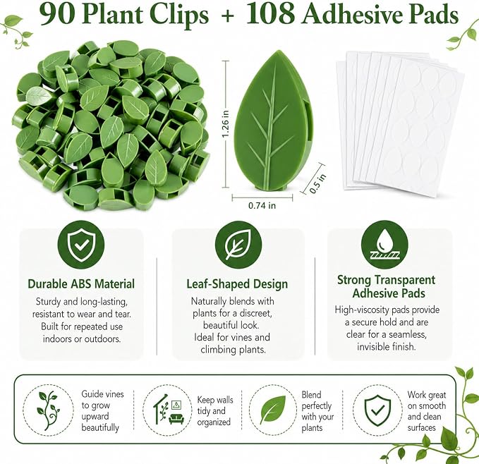 RAINFLOW 90 Pcs Plant Wall Clips - Plant Climbing Wall Fixture Clips with 108 Adhesive Sticker, Fixer Invisible Vines Fixing Clip for Pothos Vine Climber Support, Indoor Outdoor Decoration