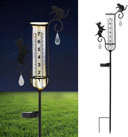 33" Solar Garden Rain Gauge - 7" Glass Tube for Outdoor Indoor Use, Patio Yard Decor Statue,Metal Dog & Cat Rain Gauge.