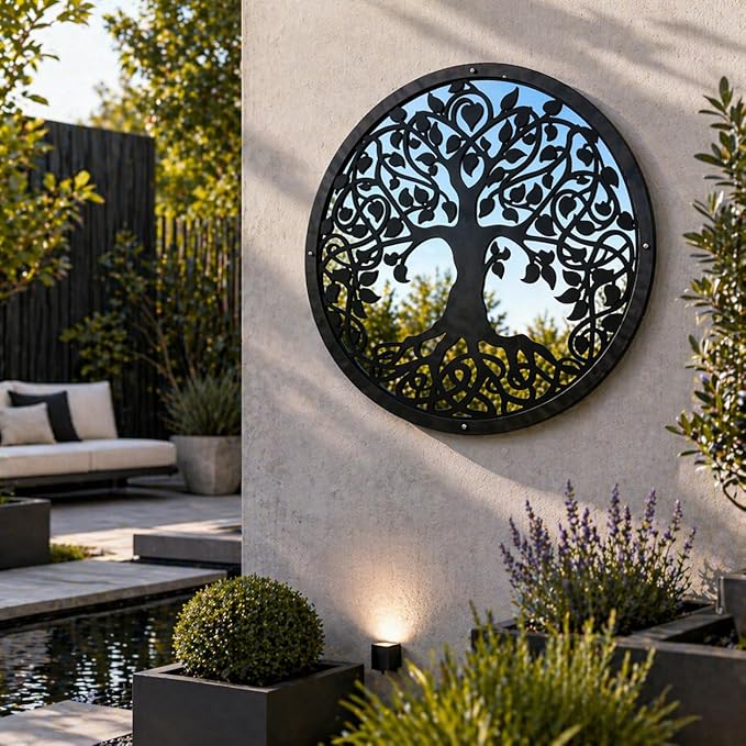 Sun Catcher Garden Decor Tree of Life Garden Mirror 50cm, 19.6 Inches Diameter Round Framed Mirror Outside Back Acrylic Fixings Included, Colour:Black