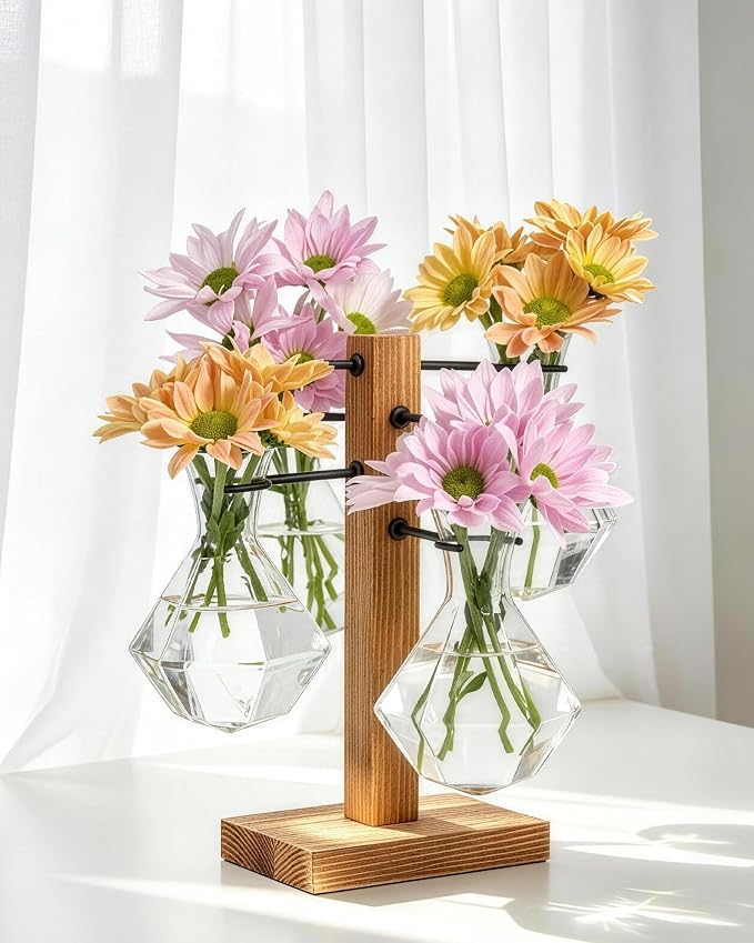 Plant Propagation Stations with Wood Stand, Plant Terrarium for Home Office Garden Decor, Gardening Gifts for Plant Lovers, 4 Glass Propagation Vases (Diamond Shape)
