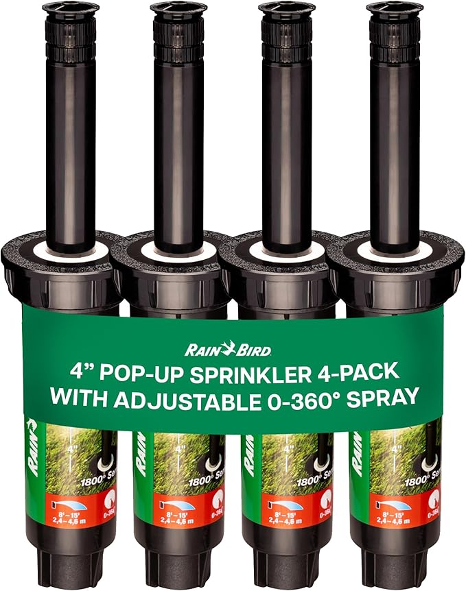 Rain Bird 1804VAN 1800 Series Professional 4 Inch Pop Up Sprinkler Head, 4 Pack - Lawn Sprinkler with Adjustable 0-360 Degree Arc Nozzle Pattern, Up to 15 Ft Spray Distance, 1/2 in NPT Threaded Inlet