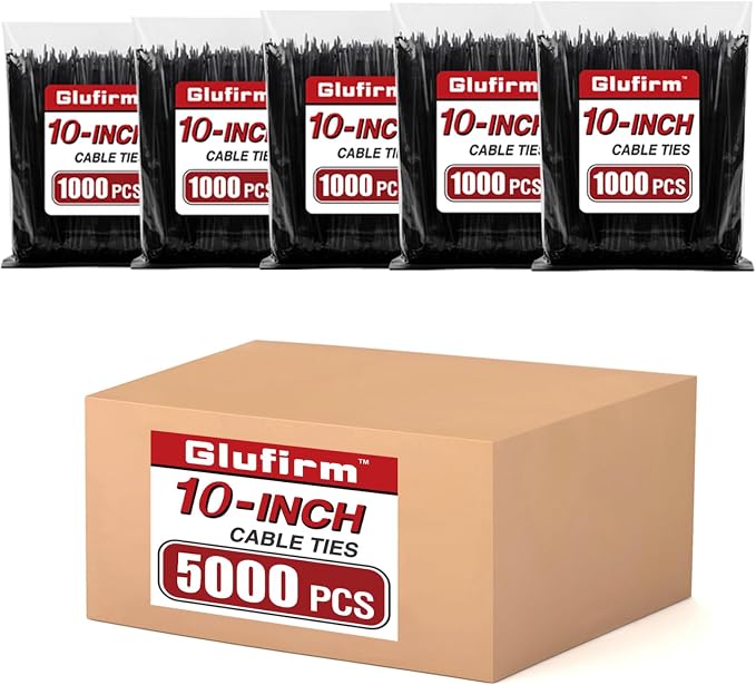 Zip Ties 10 inch (5000 Pack), Black Cable Ties, 45lb Tensile Strength, Wire Ties, Glufirm