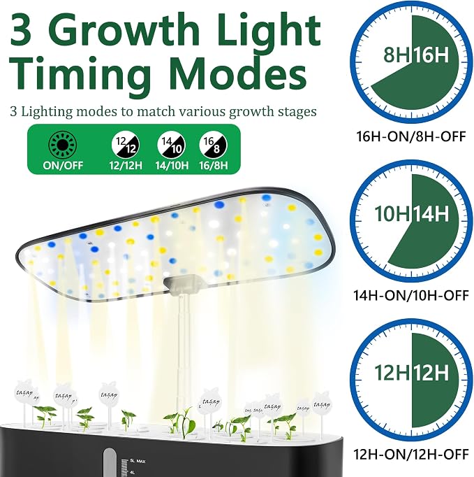 Hydroponics Growing System with LED Grow Light, 14 Pods Indoor Herb Garden Full Spectrum Rotatable Light Panel, Auto On Off Timing 12 14 16Hrs, 5L Water Tank, Harvest Fresh Basil Tomato (Black)