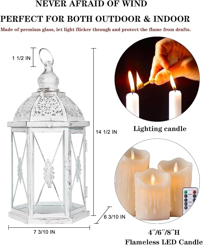 Lantern Decorative Indoor & Outdoor, 14.5'' Candle Lantern Farmhouse Home Decor, Hexagon Vintage Hanging Metal Candle Holder for Front Porch Shelf Patio Wedding Party, Christmas Decorations