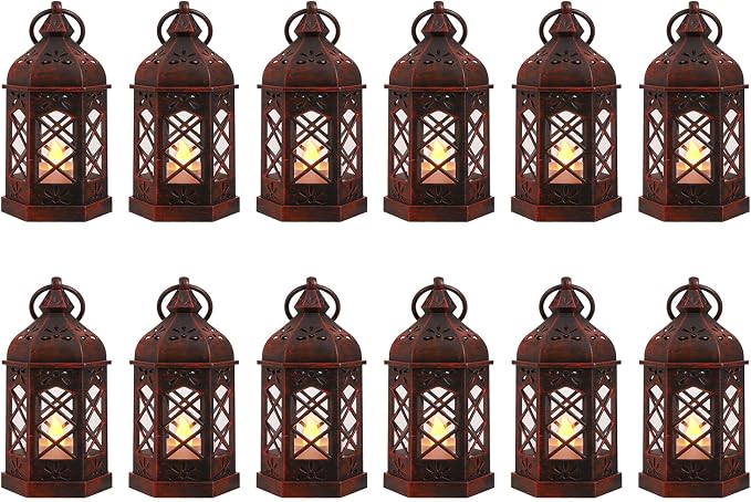 12-Pack Mini Moroccan Lanterns with LED Candle for Ramadan, Wedding, Small Decorative Lanterns for Baby Shower & Table Centerpiece, Ornament, Western Cowboy Party Decor, Red Brushed