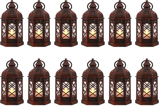 12-Pack Mini Moroccan Lanterns with LED Candle for Ramadan, Wedding, Small Decorative Lanterns for Baby Shower & Table Centerpiece, Ornament, Western Cowboy Party Decor, Red Brushed