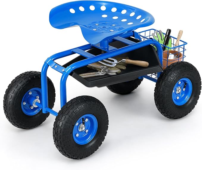 S AFSTAR Rolling Garden Seat, Outdoor Lawn Yard Patio Work Swivel Seat with Heavy Duty Wheels, Tool Tray & Basket, Garden Cart Wagon Scooter (Blue)
