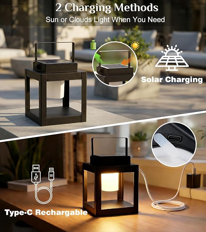 Solar Lanterns Outdoor Waterproof, Portable Outdoor Table Lamp with Handle, 3-Way Dimmable Soft Warm LED Light, Dual USB/Solar Charging Hanging Lantern for Patio BBQs, Camping, Emergency Use
