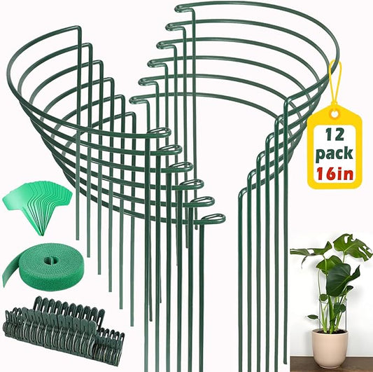 12 Pack Plant Support Stake Peony Cages, 16 Inch Peony Supports for Outdoor Plants, with 15 Pcs Plant Labels, 20 Pcs Plant Clips, 7ft Plant Ties