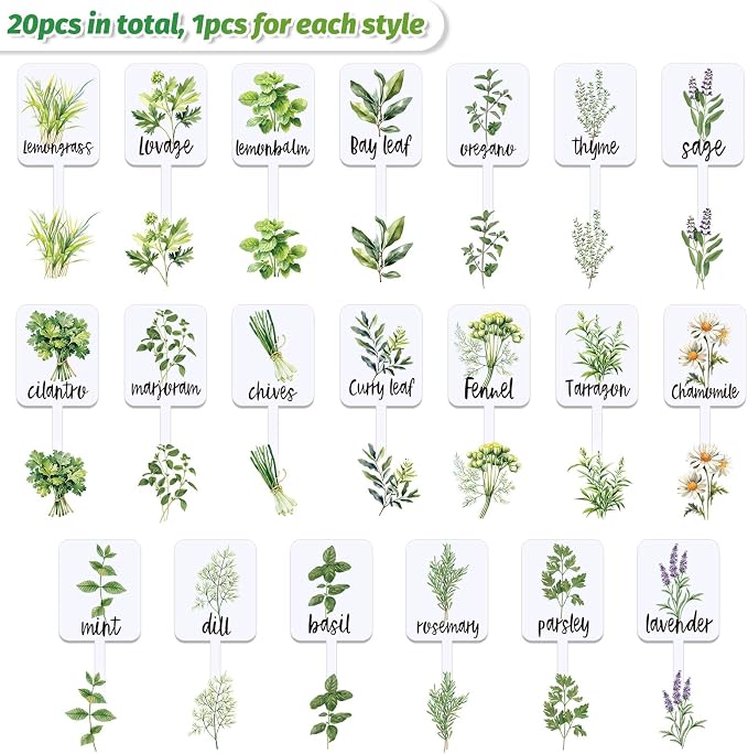 FYSUIMU 20Pcs Acrylic Plant Label Signs 20 Styles Garden Herb Markers Plant Stake Tags White Waterproof Tags with Herb Names for Nursery Indoor Outdoor Garden Decor