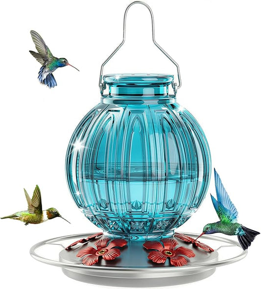 Glass Hummingbird Feeder for Outdoors Hanging, 26Oz Bird Nectar Feeder with Perch & 5 Flower Feeding Ports, Leak Proof for Outside Garden Decor Backyard, Gifts for Women Mom, Blue