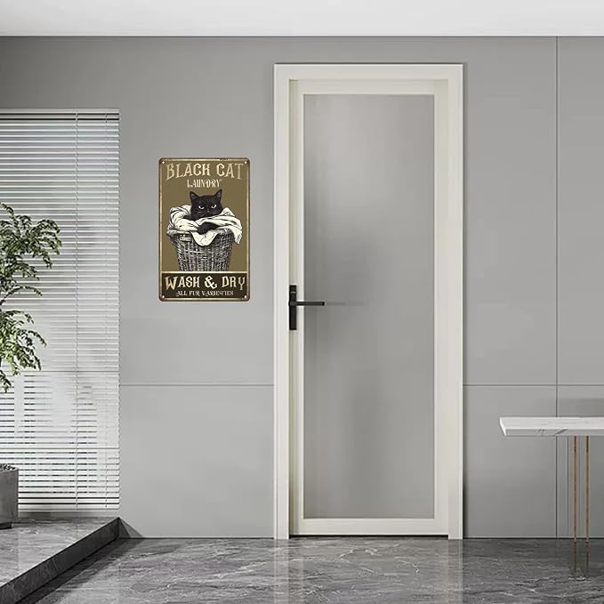 Vintage Cat Tin Signs Black Cat Launday Wash & Dry All Fur Varieties Metal Sign Wall Decor for Bathroom Toilet Home Cafe Bar 12×8 Inch