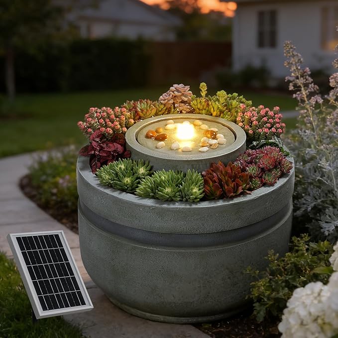 Solar Water Fountain Outdoor Garden Solar Power Fountains with Lights and Built-in Planter,Zen Bubbler Water Feature Outdoor for Outside Patio Yard Home Décor, 23.62" L x 23.62" W x 18" H