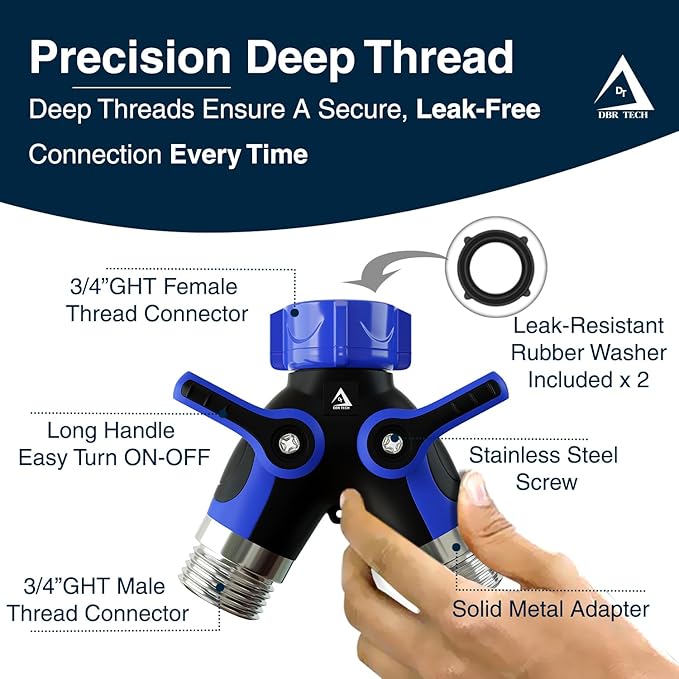 DBR Tech® Hose Splitter 2 Way, Heavy Duty Metal Connector, Two Way Garden Hose Splitter, High Flow Spigot Faucet Bib Adapter, Solid Double Y Shut Off Valve for Outdoor Gardening Hoses, Blue