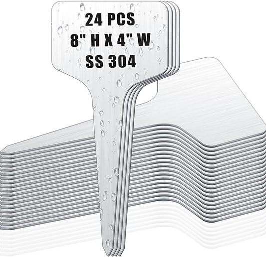Hicarer 24 Pcs Medium Size Metal Plant Labels Weatherproof Garden Markers 8" x 4" Engraving Stainless Steel 304 T-Type Plant Tags Reusable Nursery Tags for Outdoor Garden Greenhouse Vegetables Flower