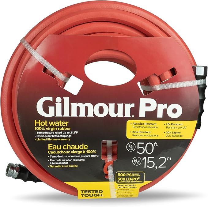 Gilmour Pro Rubber Hot Water Garden Hose – 5/8" x 50', Kink-Resistant, 400 PSI, Brass Fittings, Flexible in Cold, USA Made