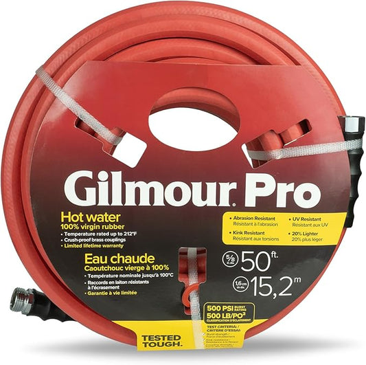 Gilmour Pro Rubber Hot Water Garden Hose – 5/8" x 50', Kink-Resistant, 400 PSI, Brass Fittings, Flexible in Cold, USA Made