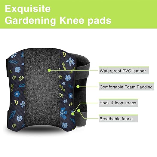 2 Pack Garden Knee Pads for Women, Lightweight Waterproof KneePads for Gardening, Anti Slip Leather Foam Padding Kneeling Pads for Flooring and Carpet Cleaning, House work, Gardening Maintain, Knee Protector, Blue Flower