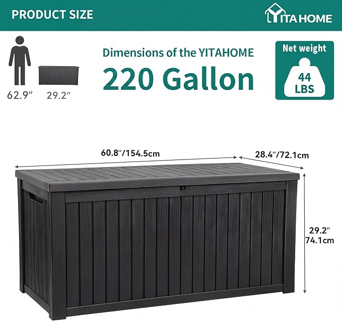 YITAHOME 220 Gallon XL Deck Box Large Outdoor Storage w/Divider for Patio Furniture,Outdoor Cushions, Garden Tools, Sports Equipment and Pool Supplies, Waterproof, Resin, Lockable, Black