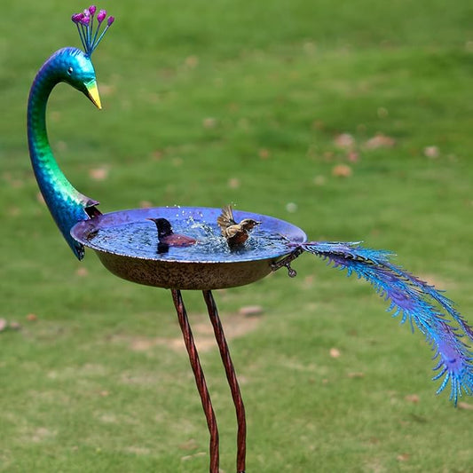 HLQMFHT 12.8" W*38.2" H Peacock Bird Baths for Outdoor, Metal Bird Feeder Seed Trayr,Bird Bath Drinker Plate, Garden Lawn Yard Decor(Multicolor)