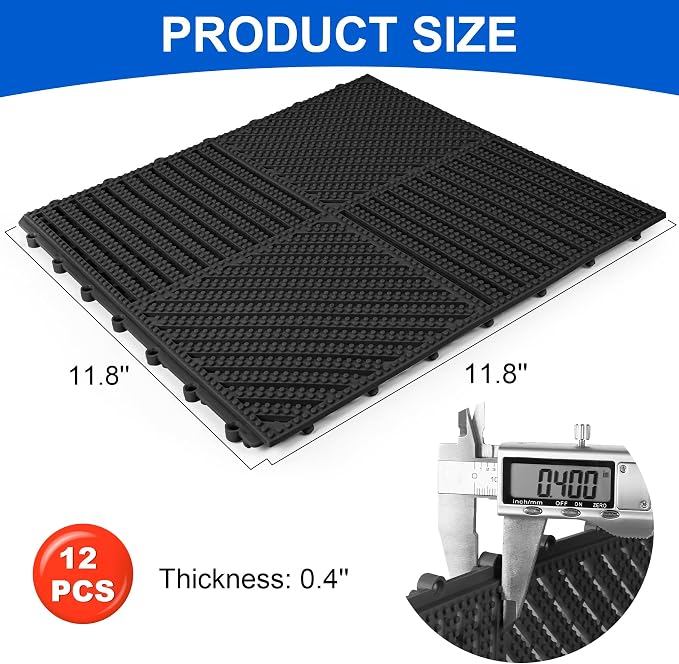 MYFAMIREA Modular Interlocking Cushion 12 Pack 11.8" x 11.8" Rubber Floor Tiles Non-Slip Splicing Drainage Mats for Deck, Pool, Shower, Patio, Balcony, Bathroom, Kitchen, Yard (2 Rows Dots, Black)