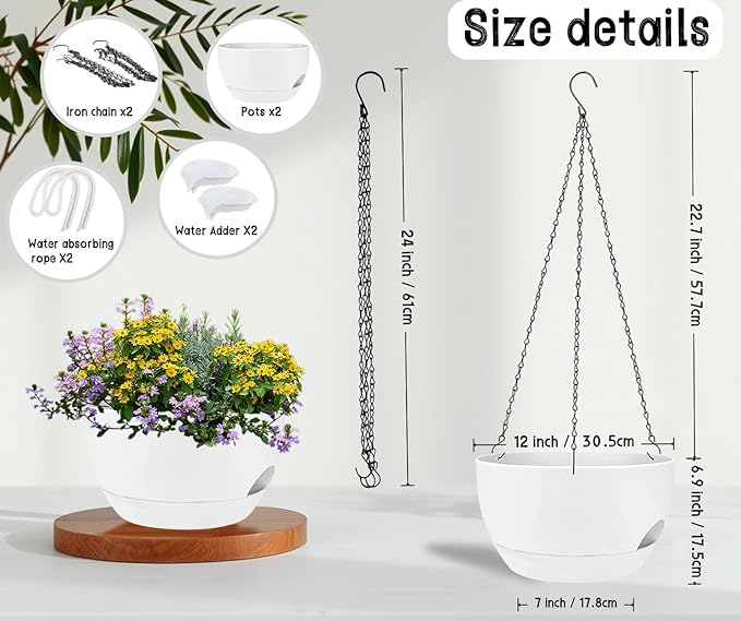 2 Pack 12" Self Watering Hanging Planters, White with Chains | Plastic hanging baskets with 43 Oz removable reservoir, for indoor outdoor plants, patio porch garden balcony decor
