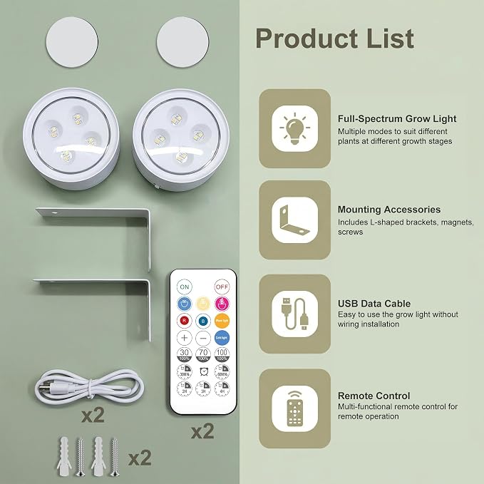 2 Pack Rechargeable Grow Light for Indoor Plants, Cordless Magnetic Plant Lights for Indoor Growing, 6500k Full Spectrum LED Lighting with Timer & Remote, Stepless Dimming for Plant Shelf