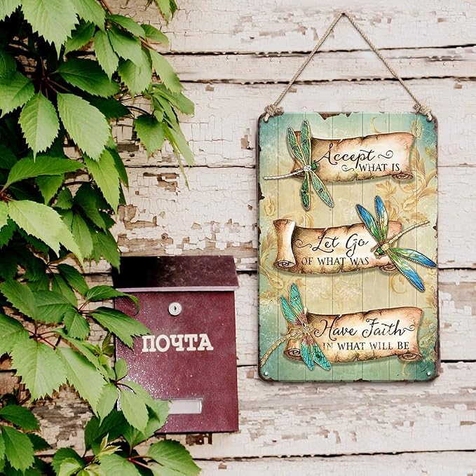 YOYI ART Metal Dragonfly Tin Sign - Accept What Is, Let Go Of What Was, Have Faith In What Will Be, Vintage Signs for Home, Bedroom, Garden, Patio and Yard Wall Decor Art, Gift for Women, 8 x 12 inch