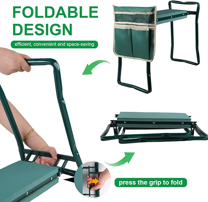 Garden Kneeler and Seat,Heavy Duty Portable Garden Stool with Tool Pouches,Foldable Thick Gardening Bench with EVA Foam Kneeling Pad,Gardening Gifts for Seniors,Gardener,Parents