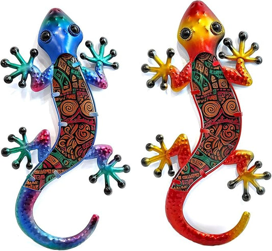 HONGLAND Lizard Wall Decor- 15 Inch Gecko Metal Wall Art Hanging Glass Sculpture, 2 Pack Yard Decorations Outdoor for Garden Fence Home