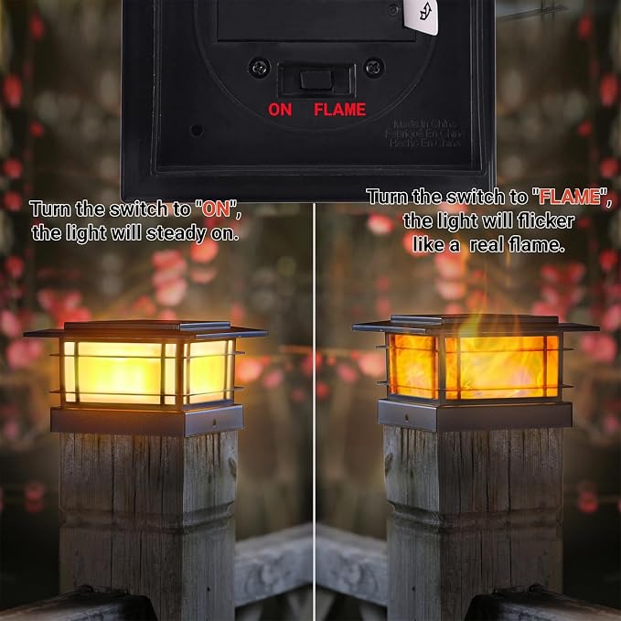Dynaming 4x4 Solar Post Cap Lights Outdoor with Flickering Flame Light, Black Shell Fence Post Solar Lights Fit 4x4 Vinyl/Wooden Posts, Brightness LED Lighting Decor for Garden Deck Patio, 2 Pack