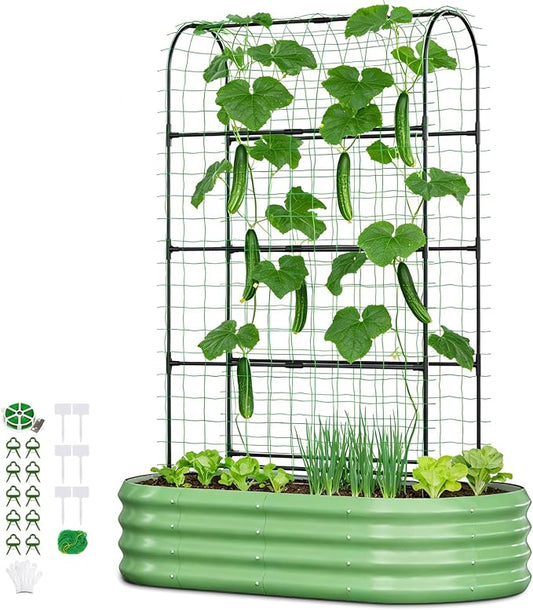 2 in 1 Galvanized Raised Garden Bed with 71" H Arch Trellis for Climbing Plants, Outdoor Gardening Planter Box with Climbing Net for Flowers Vegetables Fruits Herbs, Green