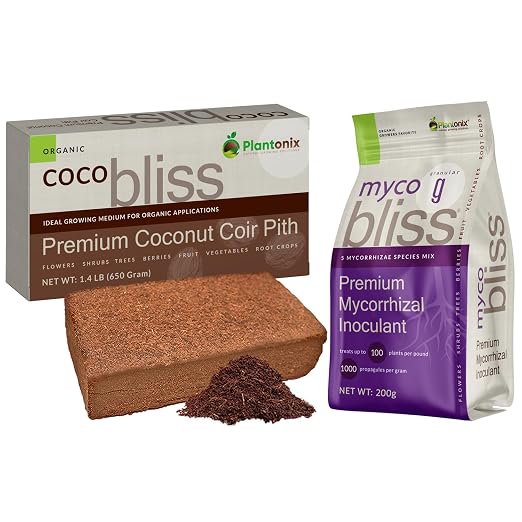 Coco Coir Brick (650gms) + Myco Bliss Granular (200 g) - Organic Coco Coir for Plants & Mycorrhizae for Plants - Mycorrhizal Fungi Inoculant - Coconut Coir for Gardening - Garden Soil Potting Soil Mix