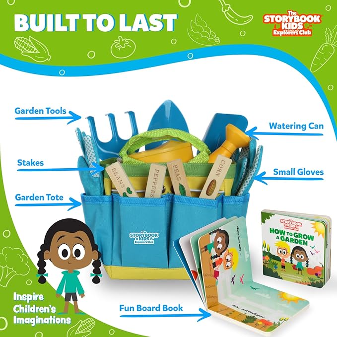 Kids Gardening Set – Toddler Gardening Kit Includes Watering Can for Kids, Shovel, Rake, Plant Stakes, Kids Gardening Gloves, Tote Bag & STEM Learning Gardening Guide Book - Garden Tool Set Blue