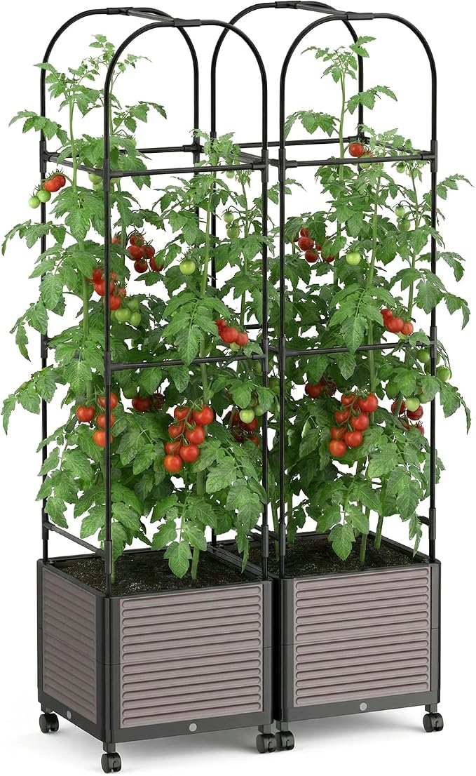 Raised Garden Bed Planter Box with Trellis, 61''H Tomato Planters for Climbing Plants Vegetable Vine Flowers Outdoor Patio Tomato Cage, Self Watering Planter with Wheels