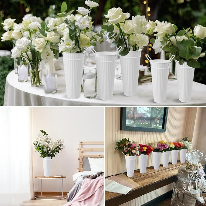10 PCS 9 Inch Tall Galvanized Flower Buckets, Metal Flower Vase, Rustic Farmhouse French Flower Buckets with Handles for Wedding, Home Décor(White)