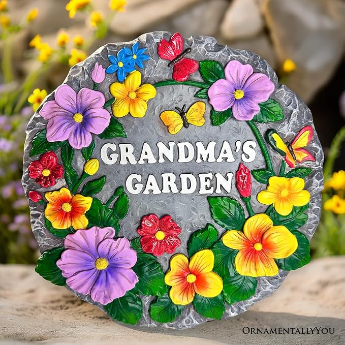 OrnamentallyYou Elegant Resin Stepping Stone, Outdoor Garden Pathway Decoration (Grandma’s Garden Floral Stepping Stone, 9.5" Decorative Outdoor Decoration)