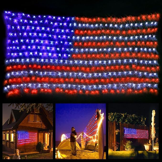 Decute American LED Flag Net Lights - 420 LED 4th of July Decorations Outdoor Lighted Flag String Lights of The United States for Memorial Day Yard Garden Festival Holiday Party