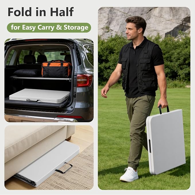 Folding Table, 5 FT Foldable Plastic Table with Carrying Handle, Heavy Duty Portable Fold-in-Half Utility Table for Party, Camping, Banquet, Craft, Wedding, Indoor & Outdoor Use