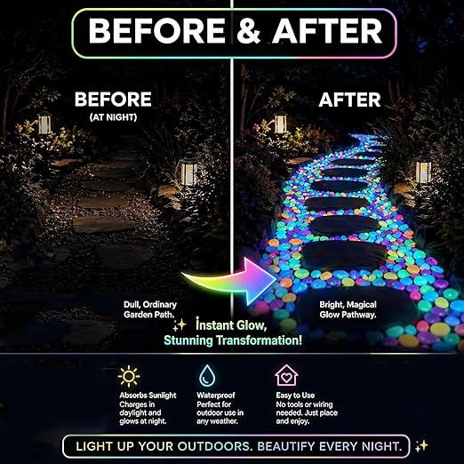 400PCS Outdoor Luminous Stones for Glow in the Dark Walkways, Garden River Pebbles, Artificial Landscape Rocks for Driveway Walkway Stepping Stone Paths with Natural Look