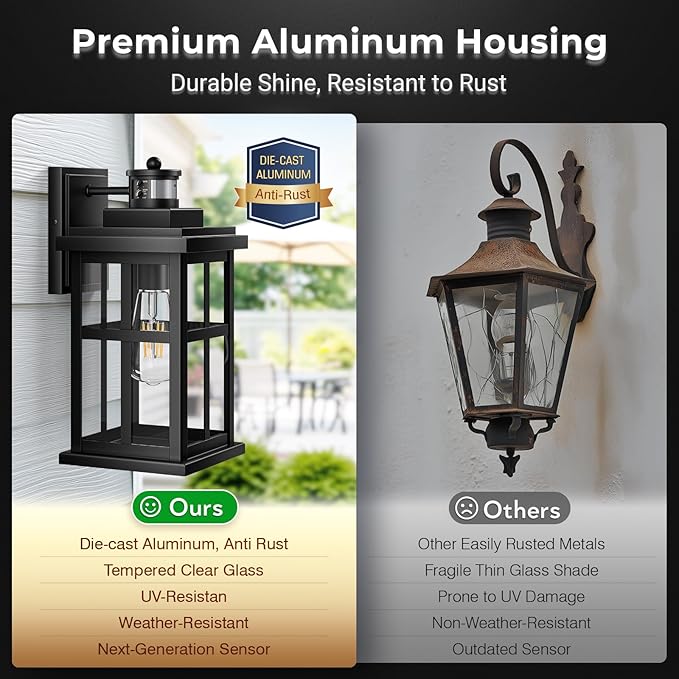 Large Motion Sensor Outdoor Light, Black Porch Light Dusk to Dawn, Waterproof Outdoor Motion Sensor Light, Anti-Rust Outside Lights for House, Garage, Doorway, Porch, 100% Aluminum