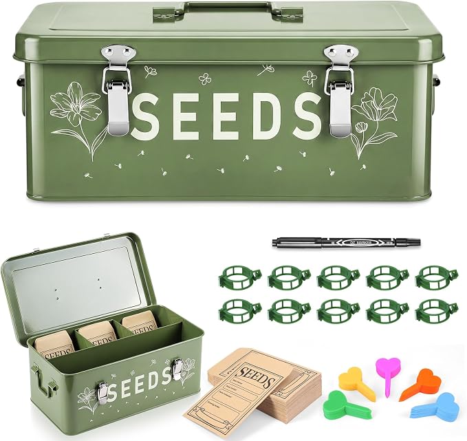 Seed Storage Organizer Box with Dividers, Large Metal Seed Packet Organizer Includes 50 Seed Envelopes, 100 Plant Labels & 50 Plant Clips, Garden Seed Storage Container