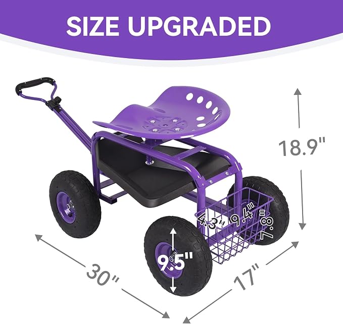 Rolling Garden Cart - Outdoor Workseat with Wheels, Heavy Duty Garden Tool Cart with Storage Bracket and Tool Tray for Yard, Planting Gardening Work (Purple)