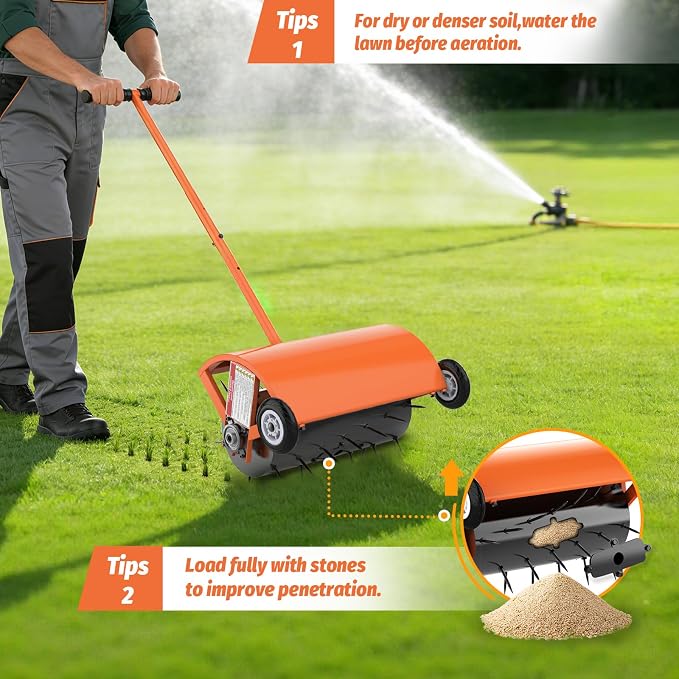 24 Inch Rolling Lawn Aerator, Heavy Duty Manual Aerator Tool, Up to 70 lbs, Push Spike Aeration Tool with 42 Spikes, Suitable for Lawns, Garden, and Yard Grass Aeration [Orange]