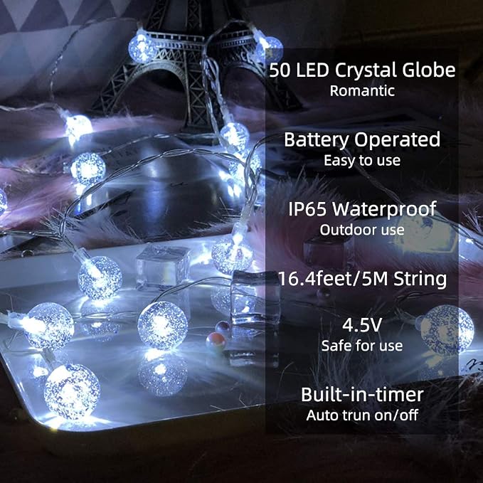 Metaku Outdoor String Lights Battery Operated 16.4ft 50LED Fairy Lights with Remote Waterproof Indoor Outdoor Hanging Globe Decorative for Patio Gazebo Bistro Garden Balcony