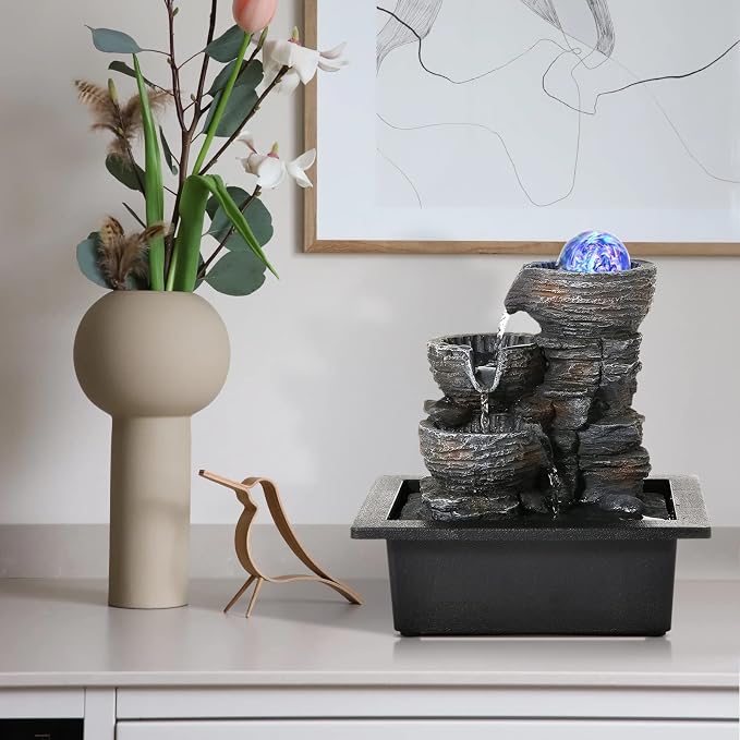 Dyna-Living Water Fountain Indoor Tabletop Waterfall Fountain with Coloured LED Light, Desktop Decorative Water Fountain, Office Fountain Waterfall for Desk, Zen Water Fountain for Home Decor