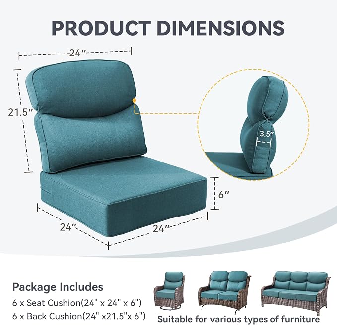 Outdoor Cushion Set for Patio Furniture, UV Resistant, Water Resistant - 6 Inch Thick Dual Layer Back Support Cushions– 24x24 Inch Patio Seat Covers for Chair/Sofa/Couch | Peacock Green | 6-Pack |