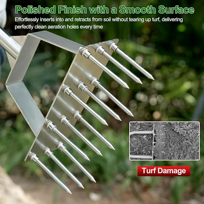 Lawn Aerator Tool, Heavy-Dut Stainless Steel Lawn Spike Aerator for Compact Soil Relief, Deep Root Aeration, Triangular Welded Base, 39.3" Long Handle for Yard Garden Lawn Care