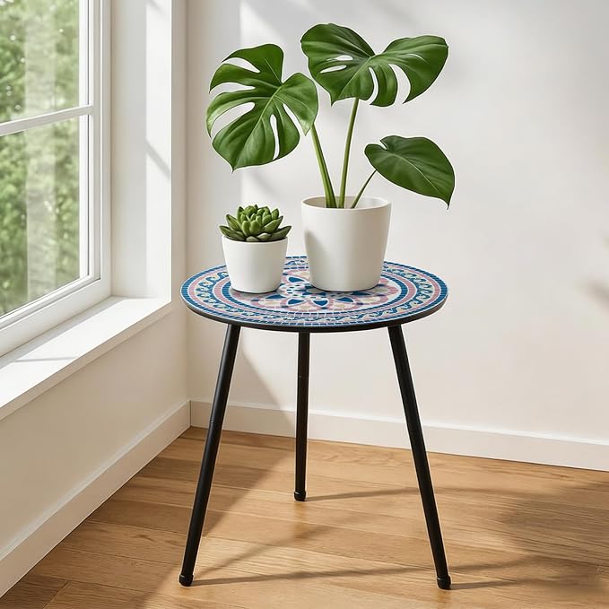 Outdoor Side Table Set of 2 Mosaic Patio Side Tables for Outside End Tables Small Outdoor Table Round Patio End Table Metal Side Table Outside, Indoor, Bedroom, Living Room, Small Spaces, Blush Mosaic
